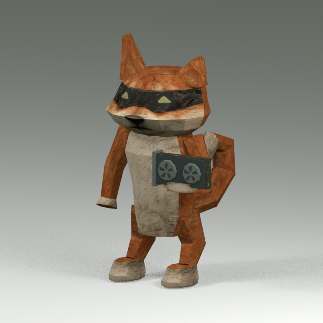 Orange AI INU with a visor and a graphics card