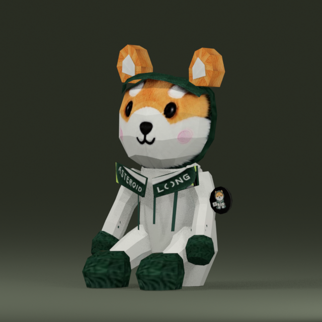 ASTEROID, a green dog in a pale suit