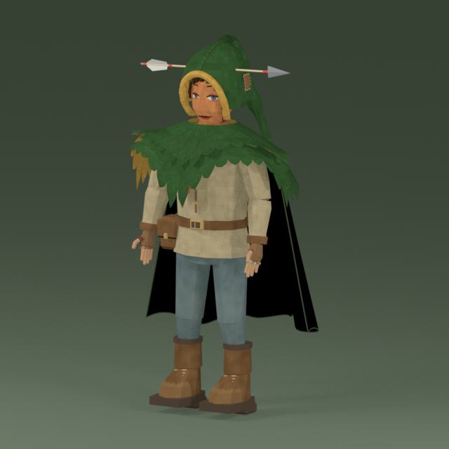 The wanderer: a young man in a green hood with an arrow through it and a cape of yew needles