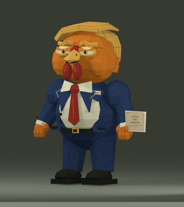 CHUMP, a suited chicken holding an introduction card