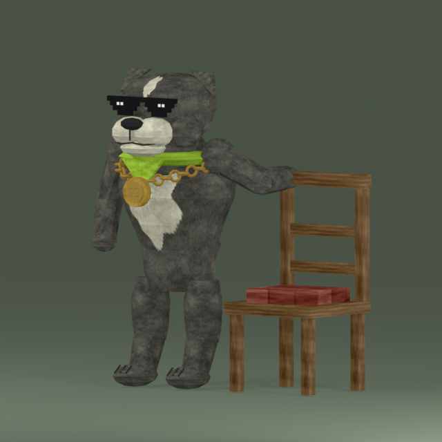 GOOD, a dog in pixel glasses and a heavy chain, a hand on an empty chair