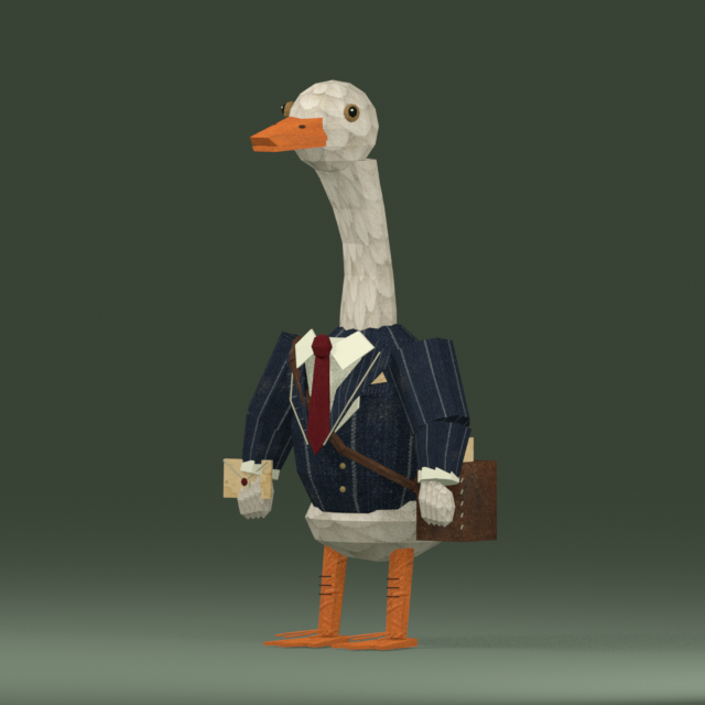 Goose in a dark suit, holding a letter