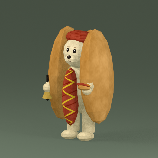 HOTDOG, a light dog in a hot dog costume holding a brass hand bell
