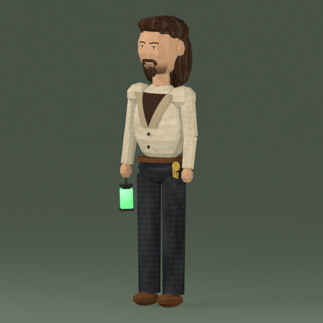 The keeper of thresholds: long hair swept back, a moustache and a goatee, a beige jacket over a dark shirt, a lantern with a green light