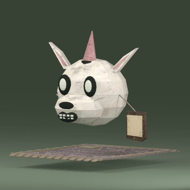 Liluni above a small rug, holding a blank label