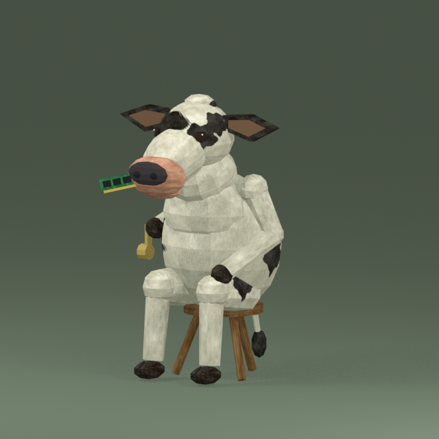 MOO, a Holstein cow on a milking stool with a memory stick in her teeth