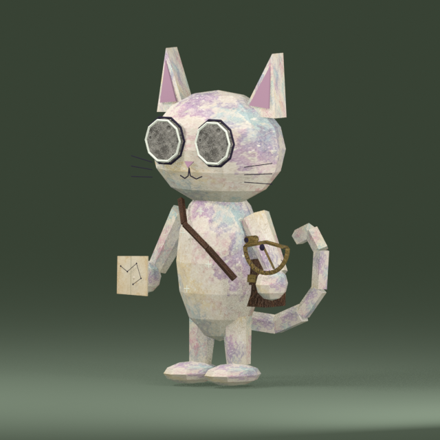 A pale Mooncat with moonlike eyes and a chart