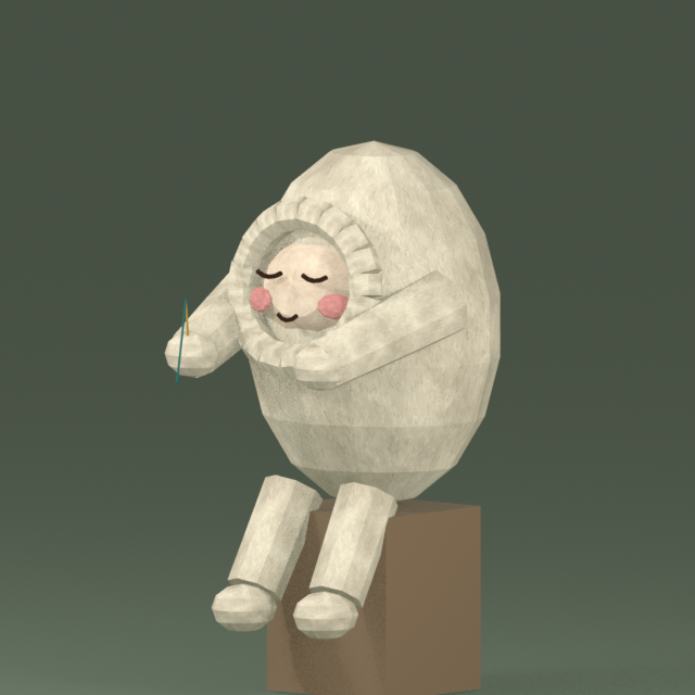 MUSEBOOK, a muse in a cream fleece hood with a sleeping face, sewing at a table