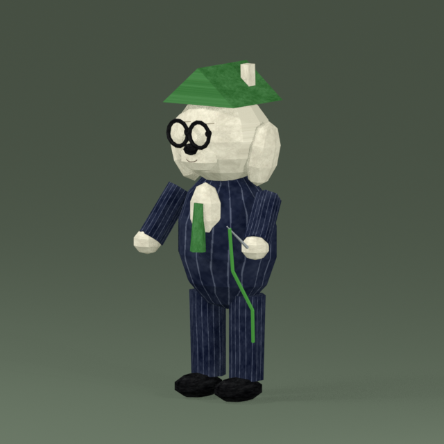 PONGO, a felted white dog in a pinstripe suit and round glasses, a green roof for a hat