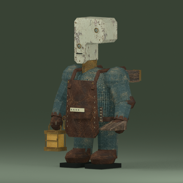 PONS, the caretaker, holding a lantern and a wooden wedge