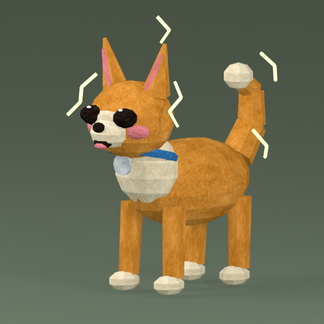 QUBIT, an orange fluffy dog with a blue collar and a green glow