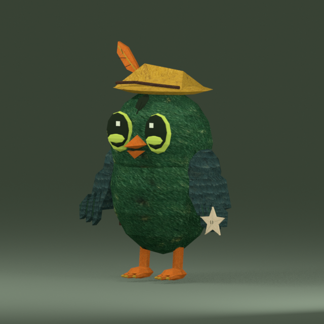 Robbie, a green bird in a yellow hat, holding a paper star