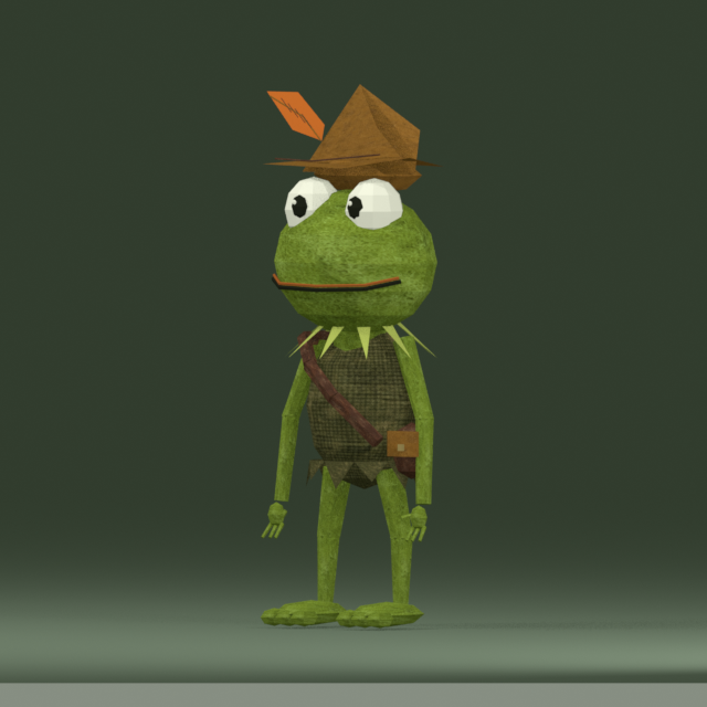 Robin, a green frog wearing a feathered hat