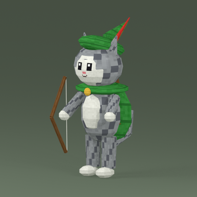 ROBINCAT, a grey tabby pixel cat in a green archer cap with a bow and a quiver