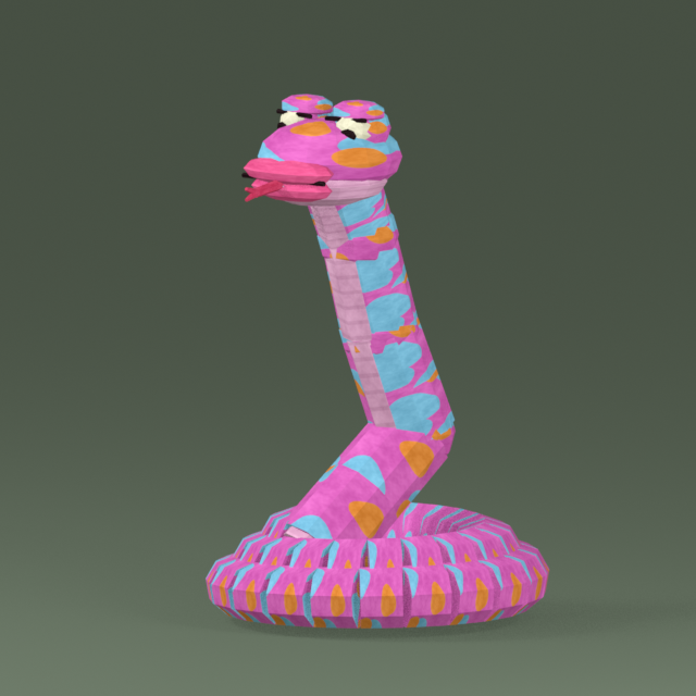 SLIPPY, a pink camouflage snake with a tired frog face