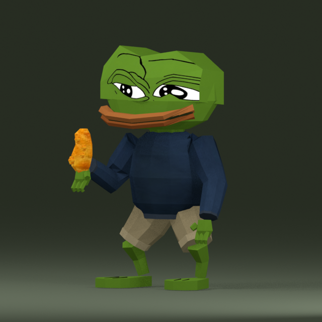 Green TENDIES in a blue sweater, holding food