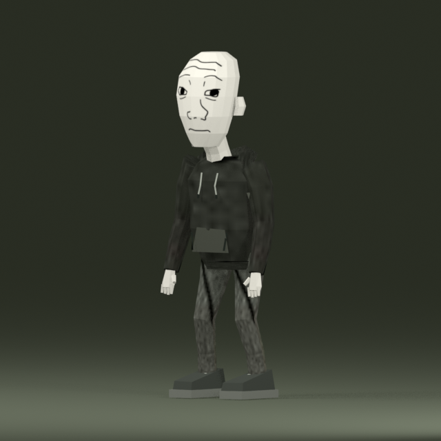 WOJAK in a worn dark hoodie
