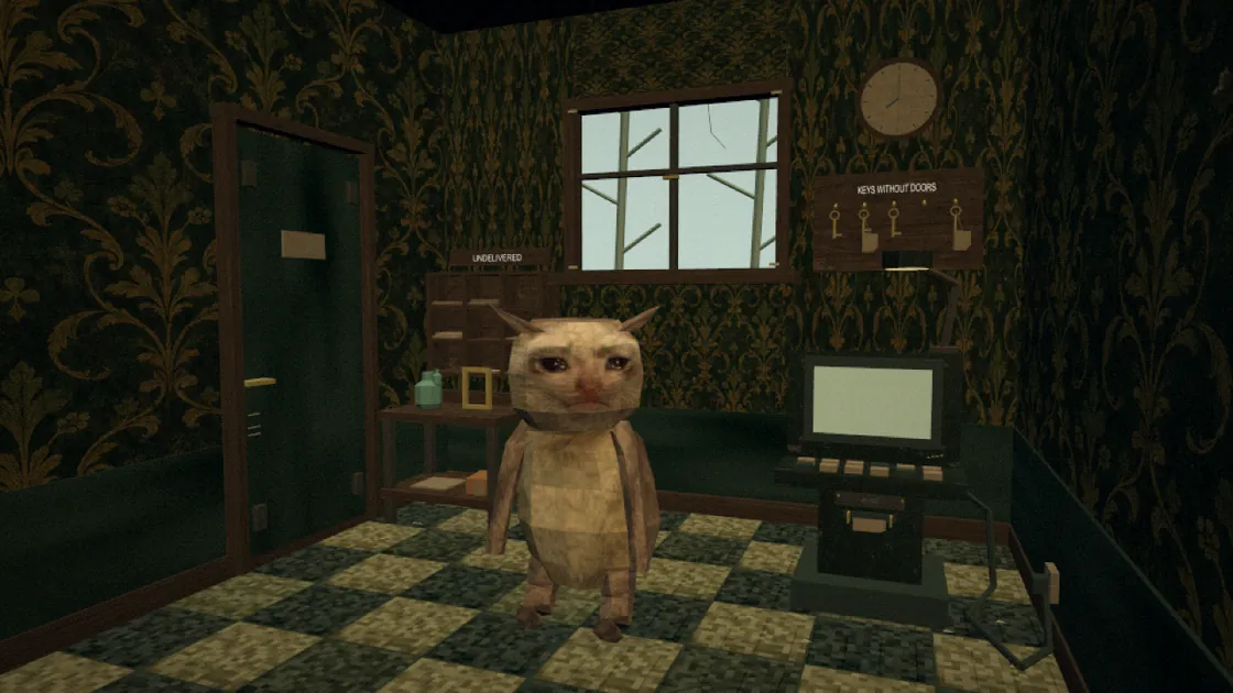 CashCat, a grey cat with a sad face, at the counter of a dark green ticket hall