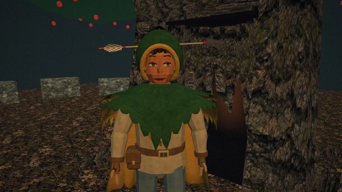 The wanderer in a hood and a short cape of yew needles, an arrow through the hood