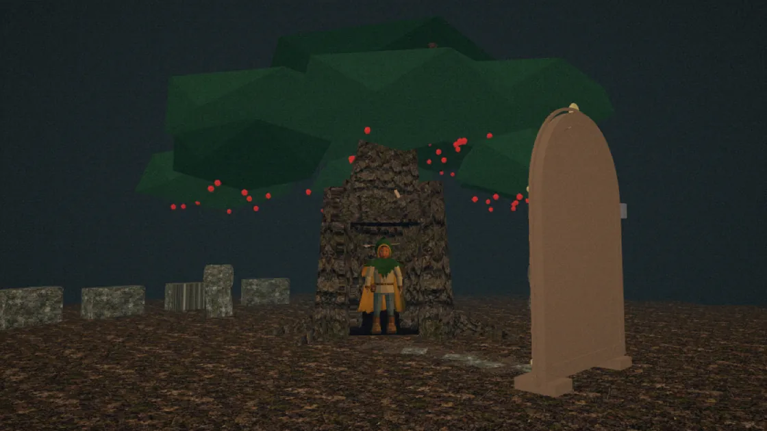 An old yew among graves at night, and a tall looking glass on the path beside it